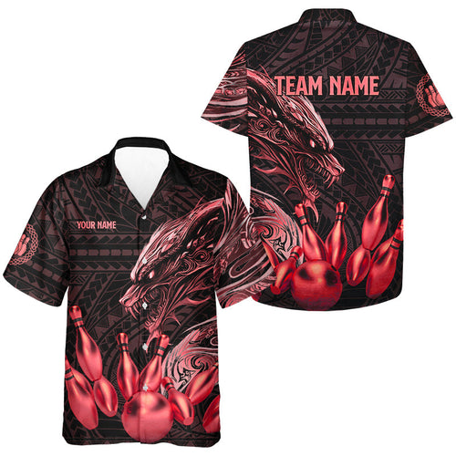 Black and Red Dragon Tribal Bowling Hawaiian Shirt Custom Retro Bowling Team button up shirt NQS9629