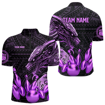 Black and Purple Dragon Tribal Bowling Polo, 1/4 Zip Shirts For Men Custom Retro Bowling Team Jerseys NQS9630