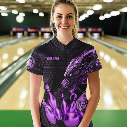 Black and Purple Dragon Tribal Bowling Polo, 1/4 Zip Shirts For Women Custom Retro Bowling Team Jersey NQS9630