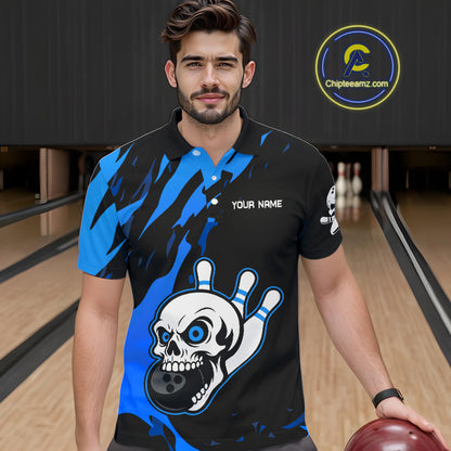 Black and Blue Skull Bowling Shirts for Men Custom Team bowling jersey, gift for bowlers NQS11708