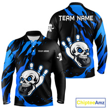 Load image into Gallery viewer, Black and Blue Skull Bowling Shirts for Men Custom Team bowling jersey, gift for bowlers NQS11708