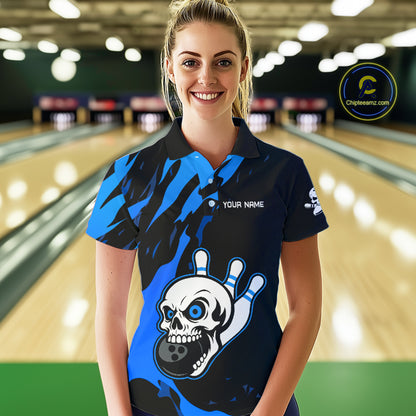 Black and Blue Skull Bowling Shirts for Women Custom Team bowling jersey, gift for bowlers NQS11708