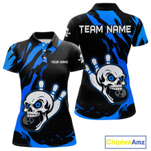 Load image into Gallery viewer, Black and Blue Skull Bowling Shirts for Women Custom Team bowling jersey, gift for bowlers NQS11708