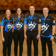 Load image into Gallery viewer, Black and Blue Skull Bowling Shirts for Women Custom Team bowling jersey, gift for bowlers NQS11708