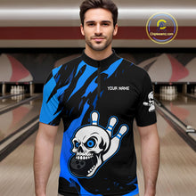 Load image into Gallery viewer, Black and Blue Skull Bowling Shirts for Men Custom Team bowling jersey, gift for bowlers NQS11708
