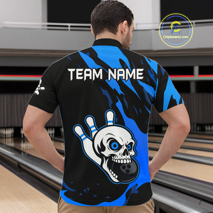 Black and Blue Skull Bowling Shirts for Men Custom Team bowling jersey, gift for bowlers NQS11708