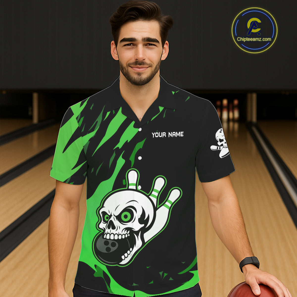 Black and Green Skull Bowling Button-up Shirt Custom Team bowling Hawaiian jersey, gift for bowlers NQS11709