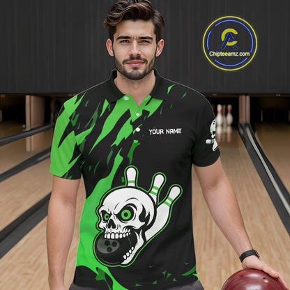Black and Green Skull Bowling Shirts for Men Custom Team bowling jersey, gift for bowlers NQS11709