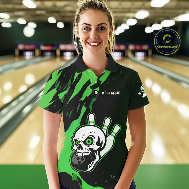 Black and Green Skull Bowling Shirts for Women Custom Team bowling jersey, gift for bowlers NQS11709