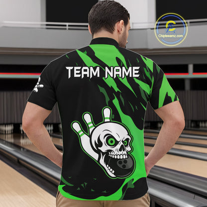 Black and Green Skull Bowling Shirts for Men Custom Team bowling jersey, gift for bowlers NQS11709