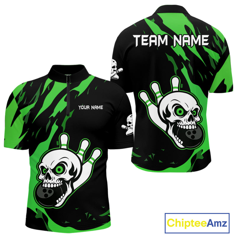 Black and Green Skull Bowling Shirts for Men Custom Team bowling jersey, gift for bowlers NQS11709