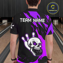 Load image into Gallery viewer, Black and Purple Skull Bowling Shirts for Men Custom Team bowling jersey, gift for bowlers NQS11710
