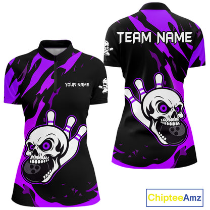 Black and Purple Skull Bowling Shirts for Women Custom Team bowling jersey, gift for bowlers NQS11710