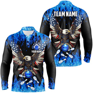 Blue flame Mens bowling polo shirts Custom American flag Eagle Team bowling shirts, gift for bowlers NQS7403