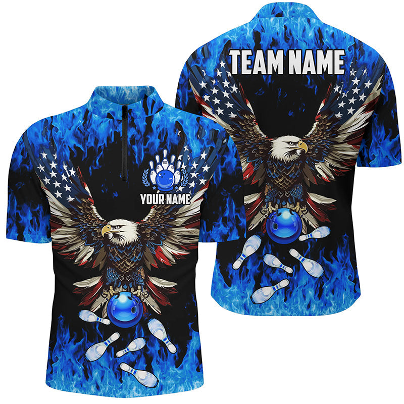 Blue flame Men's bowling Quarter Zip shirts Custom American flag Eagle Team bowling shirt, bowler gift NQS7403