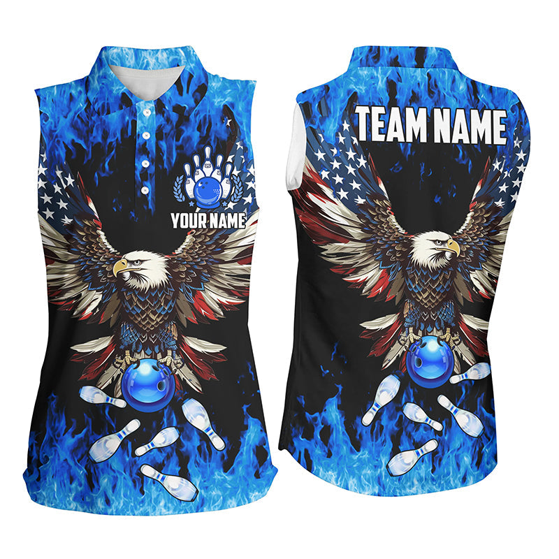 Blue flame Women sleeveless polo shirts Custom American flag Eagle Team bowling shirt, gift for bowler NQS7403
