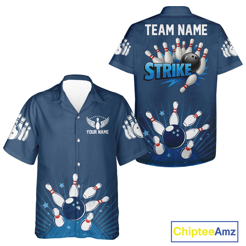Strike Bowling Hawaiian shirt Custom Bowling Team Button Up shirts Bowlers Outfit | Blue NQS9926