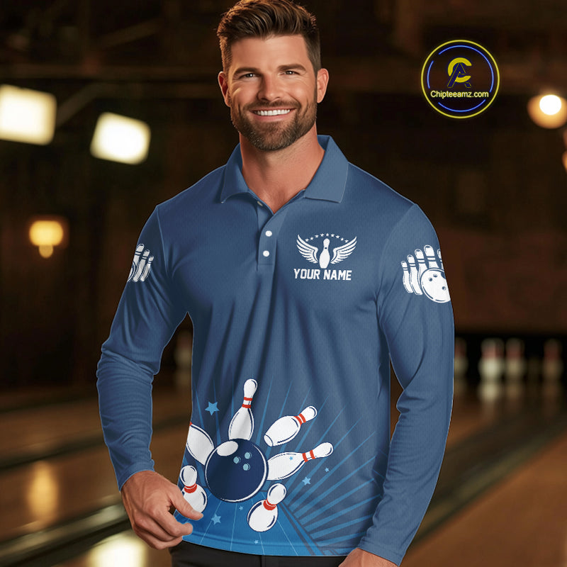 Strike Bowling Polo, Quarter-Zip Shirts For Men Custom Bowling Team Jerseys Bowlers Outfit | Blue NQS9926