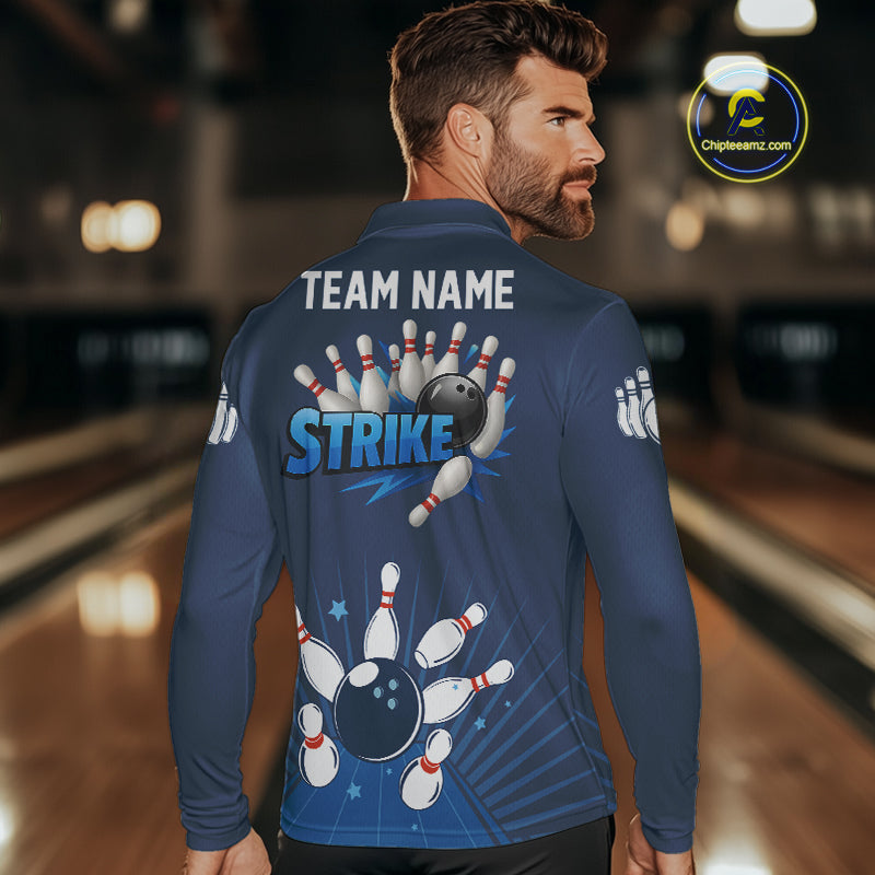 Strike Bowling Polo, Quarter-Zip Shirts For Men Custom Bowling Team Jerseys Bowlers Outfit | Blue NQS9926