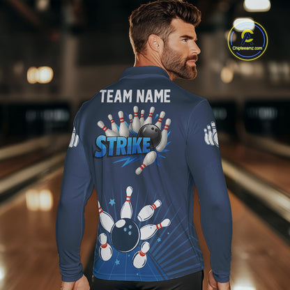 Strike Bowling Polo, Quarter-Zip Shirts For Men Custom Bowling Team Jerseys Bowlers Outfit | Blue NQS9926