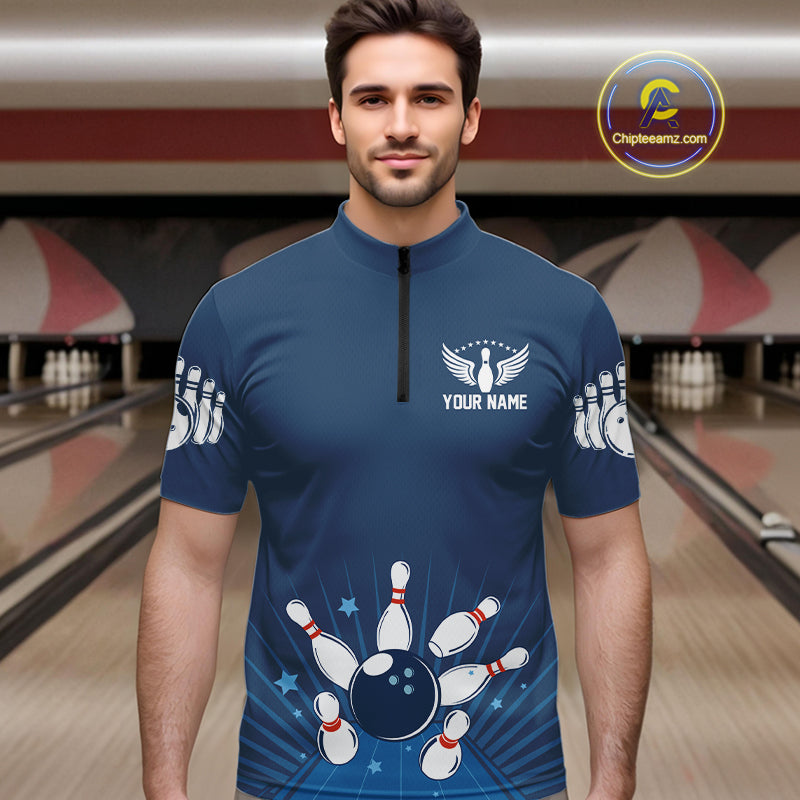 Strike Bowling Polo, Quarter-Zip Shirts For Men Custom Bowling Team Jerseys Bowlers Outfit | Blue NQS9926