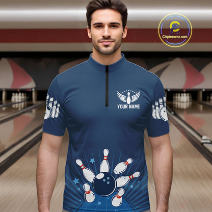 Strike Bowling Polo, Quarter-Zip Shirts For Men Custom Bowling Team Jerseys Bowlers Outfit | Blue NQS9926