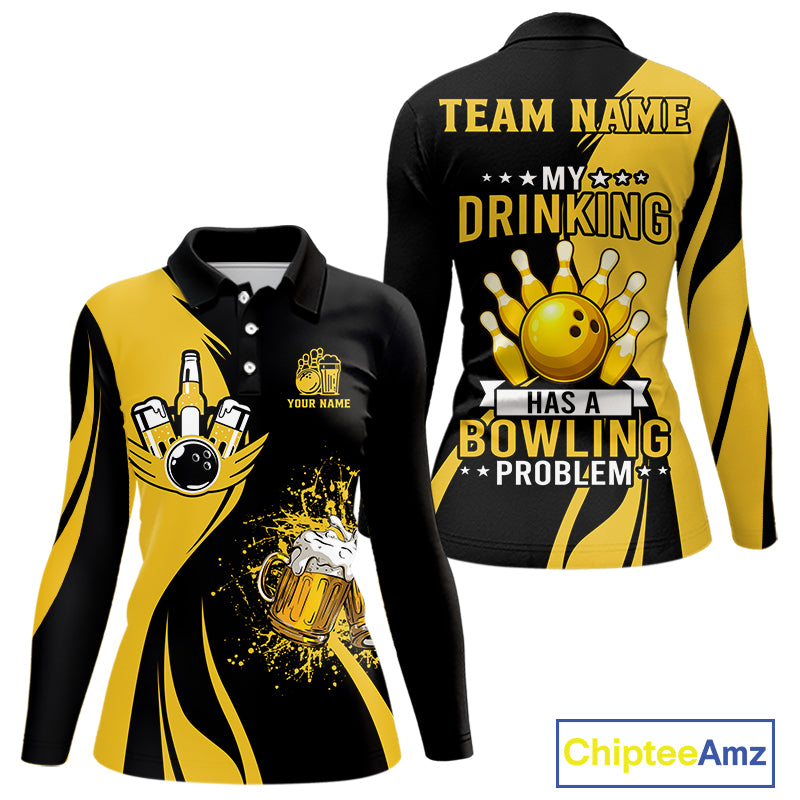 Funny yellow and black Bowling beer shirts for Women custom My drinking team has a bowling problem NQS9927
