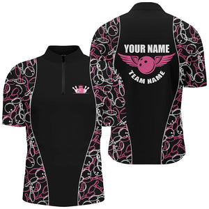 Black and pink Bowling pattern Polo, Quarter Zip Shirts For Men, Personalized Bowling Team Jerseys NQS7724