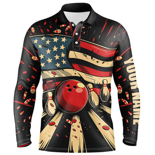American Flag Retro bowling Mens Polo, Quarter Zip shirts, Custom Patriotic Bowling Team Jerseys NQS7731