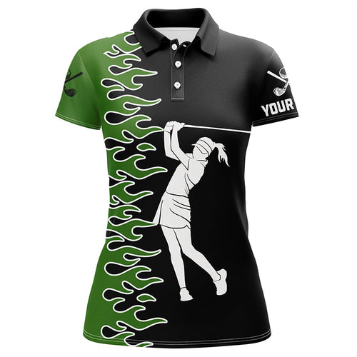 Black and Green Flame custom Women golf polo shirts, ladies golf outfits gifts for golf lovers NQS7732