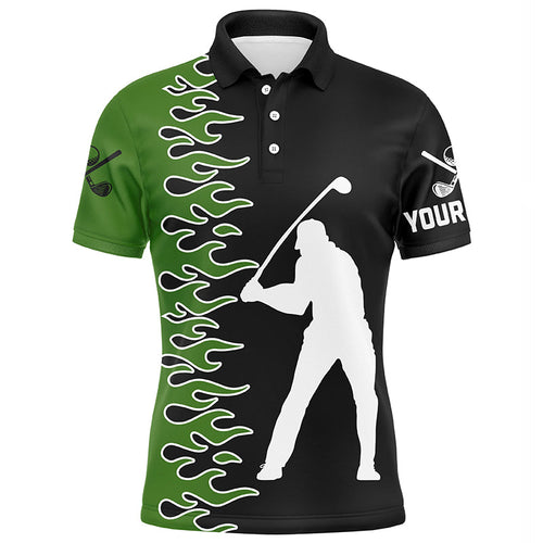 Black and Green Flame custom Mens golf polo shirts, golf outfits men gifts for golf lovers NQS7732