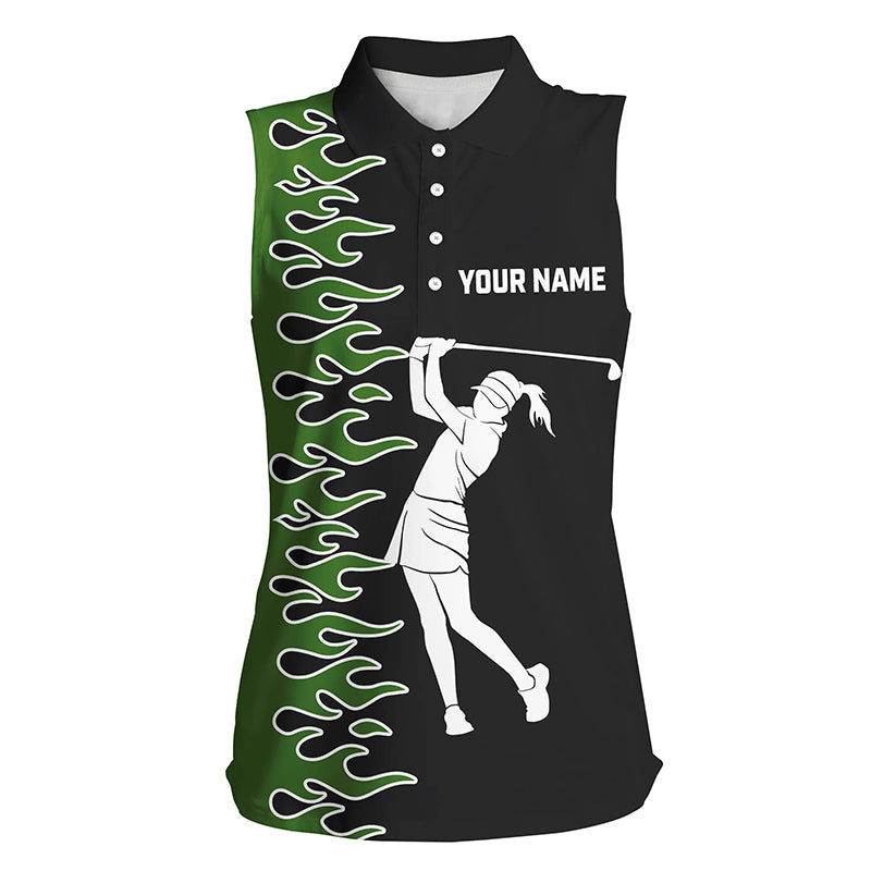 Black and Green Flame custom Womens sleeveless polo shirts, ladies golf outfits gifts for golf lovers NQS7732