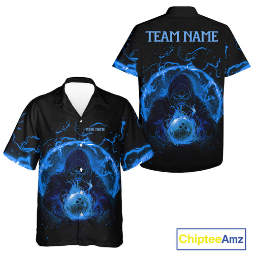 Bowling Hawaiian Shirt Custom blue flame skull bowling team button up shirt, gift for Bowlers NQS10056
