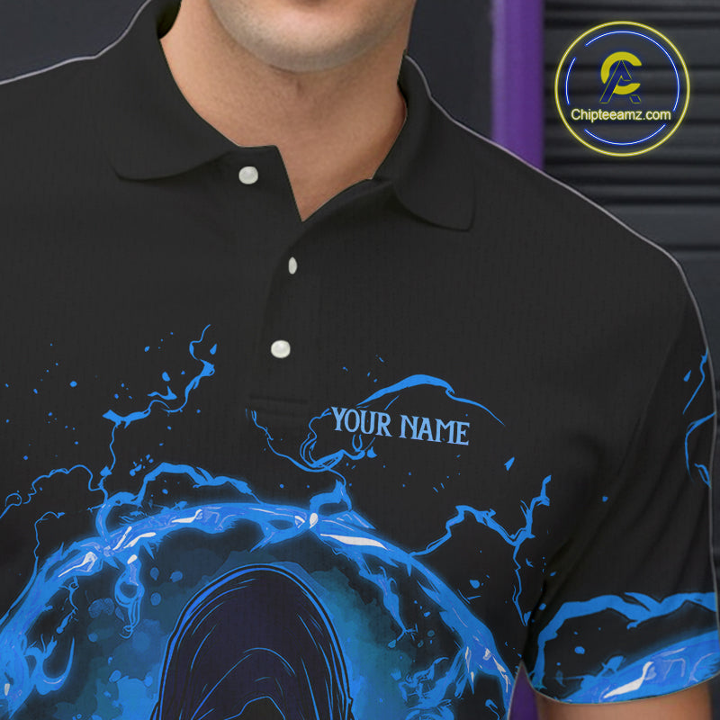 Mens bowling polo, 1/4 zip shirts Custom blue flame skull bowling team jerseys, gift for Bowlers NQS10056