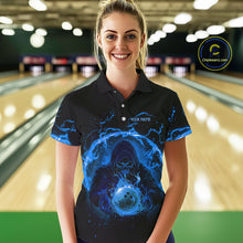 Load image into Gallery viewer, Women bowling polo, 1/4 zip shirts Custom blue flame skull bowling team jerseys, gift for Bowlers NQS10056