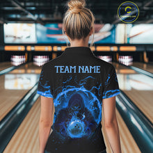Load image into Gallery viewer, Women bowling polo, 1/4 zip shirts Custom blue flame skull bowling team jerseys, gift for Bowlers NQS10056