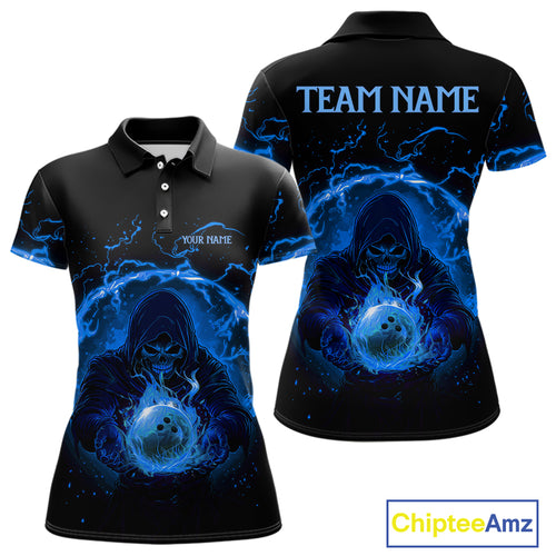 Women bowling polo, 1/4 zip shirts Custom blue flame skull bowling team jerseys, gift for Bowlers NQS10056