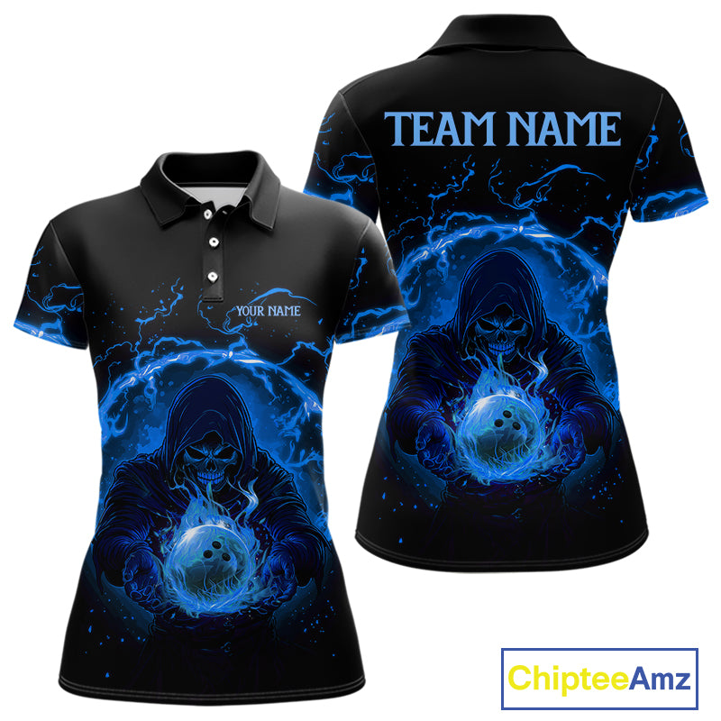 Women bowling polo, 1/4 zip shirts Custom blue flame skull bowling team jerseys, gift for Bowlers NQS10056