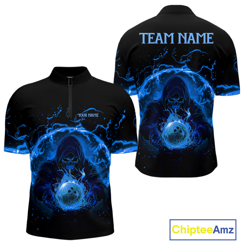 Mens bowling polo, 1/4 zip shirts Custom blue flame skull bowling team jerseys, gift for Bowlers NQS10056
