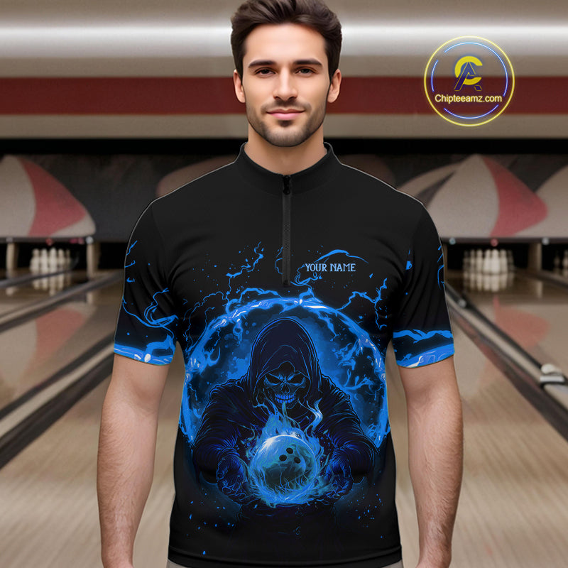 Mens bowling polo, 1/4 zip shirts Custom blue flame skull bowling team jerseys, gift for Bowlers NQS10056