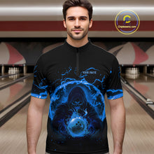 Load image into Gallery viewer, Mens bowling polo, 1/4 zip shirts Custom blue flame skull bowling team jerseys, gift for Bowlers NQS10056