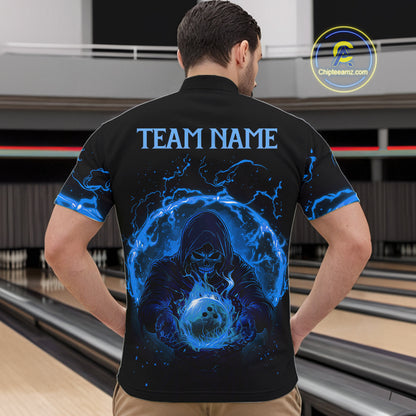 Mens bowling polo, 1/4 zip shirts Custom blue flame skull bowling team jerseys, gift for Bowlers NQS10056