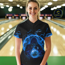 Load image into Gallery viewer, Women bowling polo, 1/4 zip shirts Custom blue flame skull bowling team jerseys, gift for Bowlers NQS10056