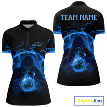 Load image into Gallery viewer, Women bowling polo, 1/4 zip shirts Custom blue flame skull bowling team jerseys, gift for Bowlers NQS10056