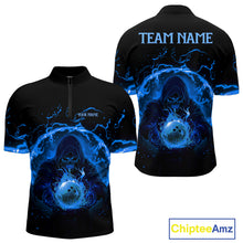 Load image into Gallery viewer, Mens bowling polo, 1/4 zip shirts Custom blue flame skull bowling team jerseys, gift for Bowlers NQS10056