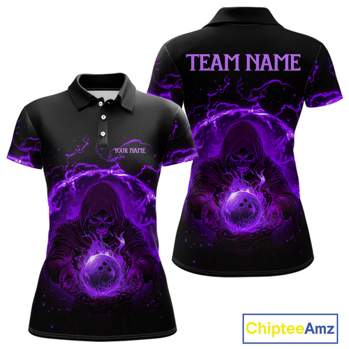 Women bowling polo, 1/4 zip shirts Custom purple flame skull bowling team jerseys, gift for Bowlers NQS10057