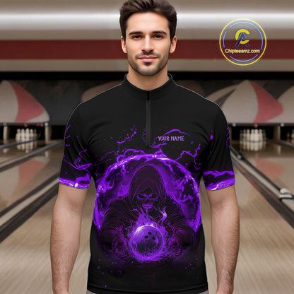 Mens bowling polo, 1/4 zip shirts Custom purple flame skull bowling team jerseys, gift for Bowlers NQS10057