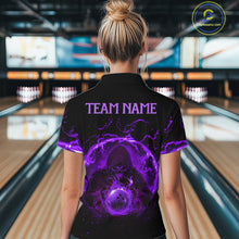 Load image into Gallery viewer, Women bowling polo, 1/4 zip shirts Custom purple flame skull bowling team jerseys, gift for Bowlers NQS10057
