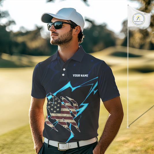 Vintage American Flag blue lightning Mens Golf polo shirts Custom patriotic Golf outfit For Mens NQS10059