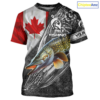 Canadian Flag Northern Pike Fishing Custom long sleeve performance Fishing Shirt, pike Fishing jerseys NQS3538